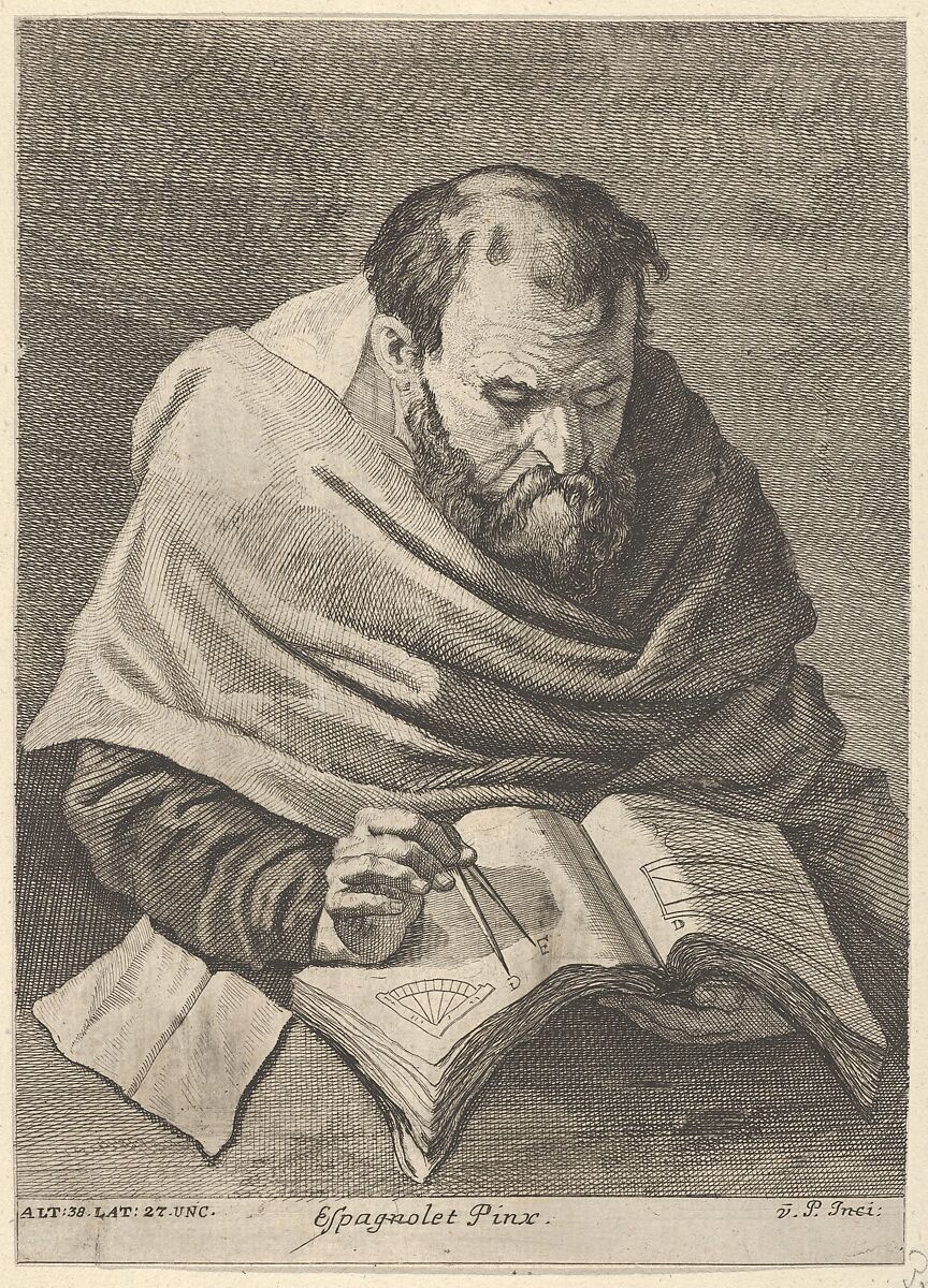A mathematician seated at a table, working on mathematical equations, from a portfolio of prints of the Imperial Gallery of Paintings in Vienna; plate 34 of the series, Anton Joseph von Prenner (Austrian, Wallerstein 1683–1761 Vienna), Etching 