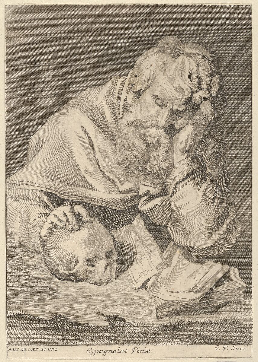 A saint seated at a table with his right hand resting on a skull, from a portfolio of reproductions of the Imperial Gallery of Paintings in Vienna; plate 33 of the series, Anton Joseph von Prenner (Austrian, Wallerstein 1683–1761 Vienna), Etching 