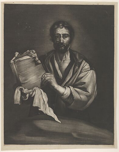 A Philosopher, looking forward, holding a book with a cloth