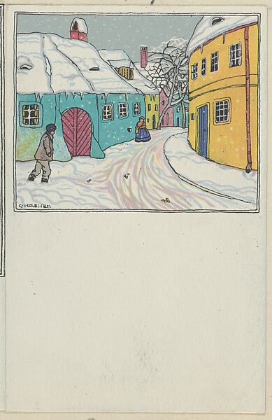 Houses in the Snow, Carl Krenek (Austrian, 1880–1948), Color lithograph 