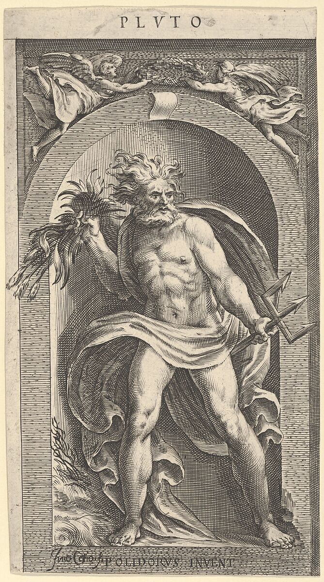 Neptune standing in a niche holding a trident in his left hand, foliage in his right, Cherubino Alberti (Zaccaria Mattia) (Italian, Borgo Sansepolcro 1553–1615 Rome), Engraving; second state of two (Bartsch) 