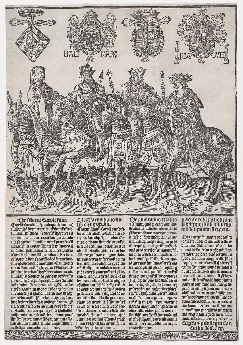 Procession of the Counts and Countess of Holland on Horseback: Mary of Burgundy, Maximilian I, Philip the Fair, and Charles V, Jacob Cornelisz van Oostsanen  Netherlandish, Woodcut