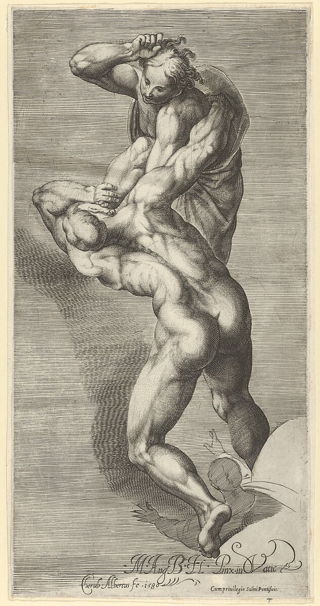 Two damned souls fighting, after Michelangelo's  'The Last Judgment' fresco in the Sistine Chapel, Cherubino Alberti (Zaccaria Mattia) (Italian, Borgo Sansepolcro 1553–1615 Rome), Engraving 