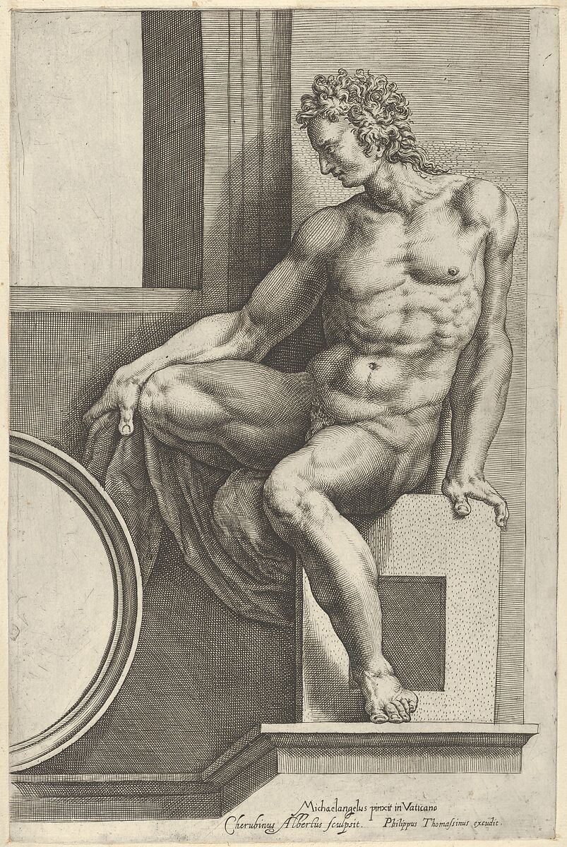 A naked man (Ignudo), seated facing left, holding a piece of fabric, after Michelangelo's  'The Last Judgment' fresco in the Sistine Chapel, Cherubino Alberti (Zaccaria Mattia) (Italian, Borgo Sansepolcro 1553–1615 Rome), Engraving 