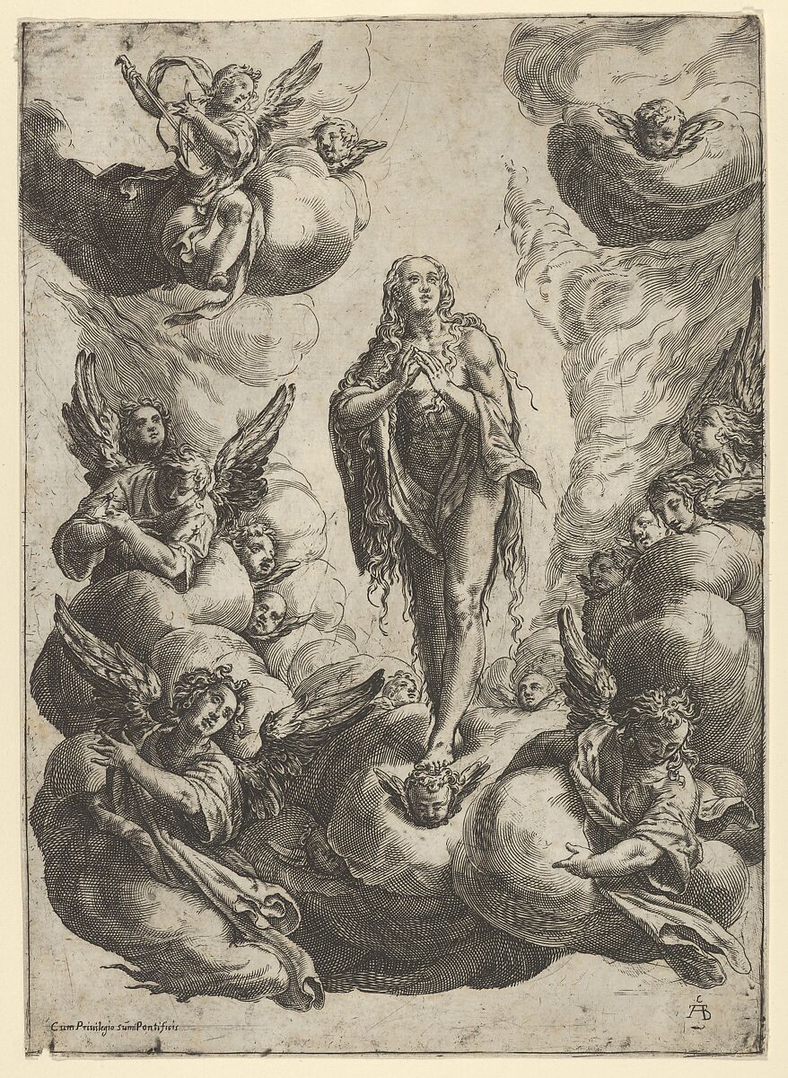 Mary Magdalen standing on clouds, being transported to heaven by angels, Cherubino Alberti (Zaccaria Mattia) (Italian, Borgo Sansepolcro 1553–1615 Rome), Engraving 