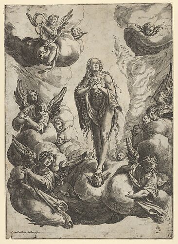 Mary Magdalen standing on clouds, being transported to heaven by angels