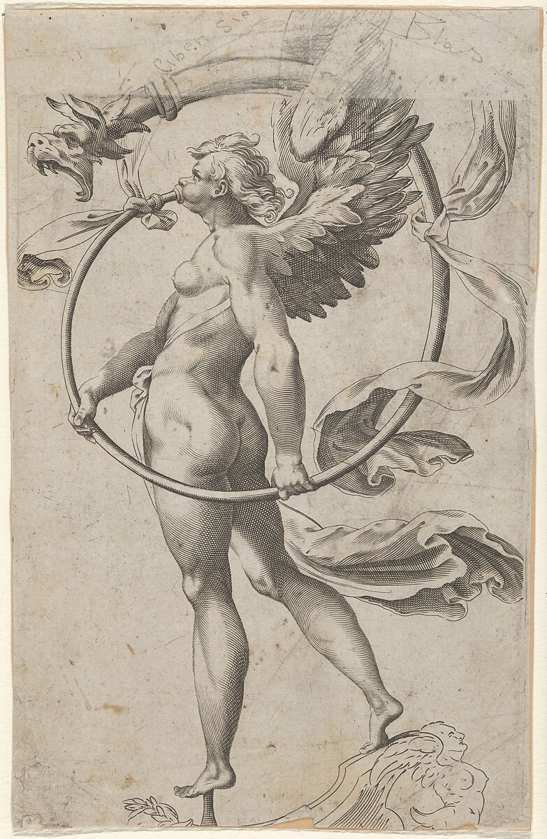 A winged figure of Fame standing facing left and sounding a trumpet, After Cherubino Alberti (Zaccaria Mattia) (Italian, Borgo Sansepolcro 1553–1615 Rome), Engraving, the plate has been cut deleting details from the upper section that are made up in graphite 