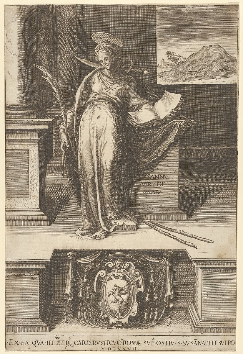 Saint Susanna in an interior holding an open book in her left hand, a palm in her right, a landscape visible through a window at right and at bottom center a coat of arms, Cherubino Alberti (Zaccaria Mattia) (Italian, Borgo Sansepolcro 1553–1615 Rome), Engraving 