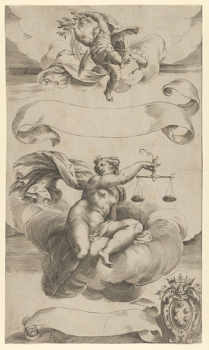 An Allegory of Truth and Justice; a naked woman in the center seated on a cloud holding a set of scales, a putto above, the Medici Coat of Arms at lower right, Cherubino Alberti (Zaccaria Mattia) (Italian, Borgo Sansepolcro 1553–1615 Rome), Engraving, proof before lettering on the banderoles 