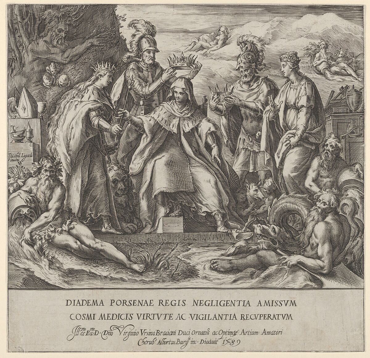 Allegory of the Medici Family with river gods in the foreground and in the clouds at right, Cherubino Alberti (Zaccaria Mattia) (Italian, Borgo Sansepolcro 1553–1615 Rome), Engraving 