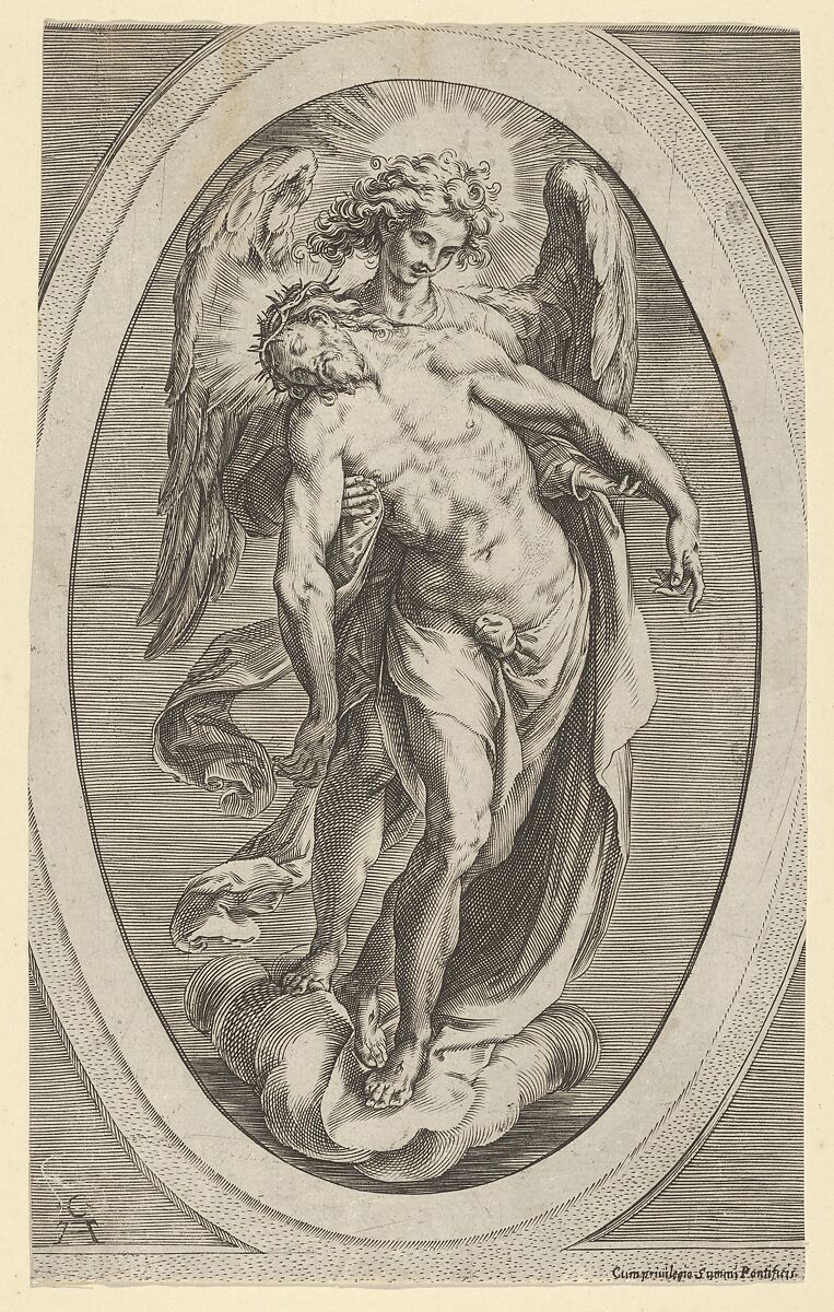Christ supported by an angel standing on a cloud, Cherubino Alberti (Zaccaria Mattia) (Italian, Borgo Sansepolcro 1553–1615 Rome), Engraving 