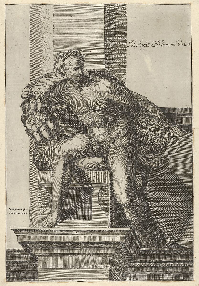 A naked man (Ignudo) with a garland with acorns over his shoulders, after Michelangelo's  'The Last Judgment' fresco in the Sistine Chapel, Cherubino Alberti (Zaccaria Mattia) (Italian, Borgo Sansepolcro 1553–1615 Rome), Engraving 