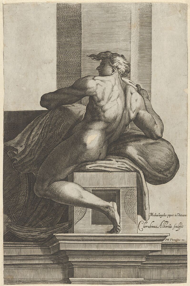 A naked man (Ignudo), seated and facing left, after Michelangelo's  'The Last Judgment' fresco in the Sistine Chapel, Cherubino Alberti (Zaccaria Mattia) (Italian, Borgo Sansepolcro 1553–1615 Rome), Engraving 