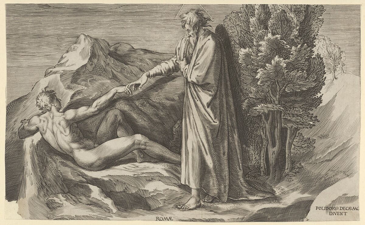 The Creation of Adam who reclines at left and touching the hand of God, Cherubino Alberti (Zaccaria Mattia) (Italian, Borgo Sansepolcro 1553–1615 Rome), Engraving 