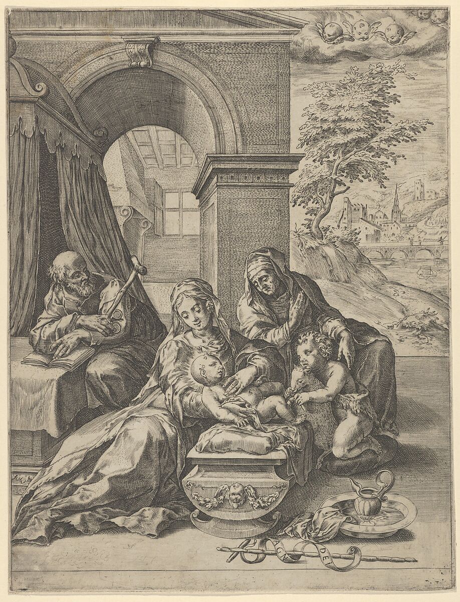 The Holy Family with Saint Anne and the young Saint John the Baptist, Attributed to Cherubino Alberti (Zaccaria Mattia) (Italian, Borgo Sansepolcro 1553–1615 Rome), Engraving 