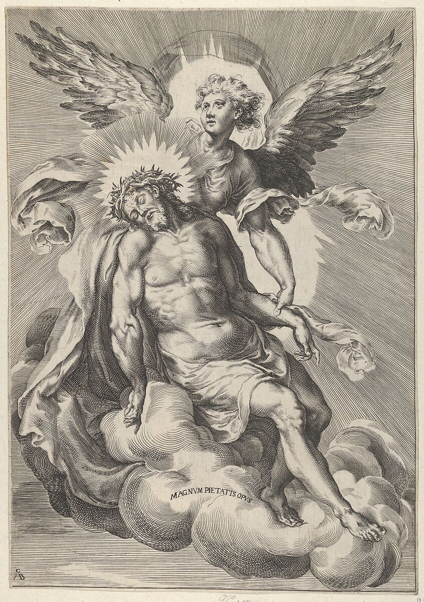Angel supporting Christ, who is also resting on clouds, Cherubino Alberti (Zaccaria Mattia) (Italian, Borgo Sansepolcro 1553–1615 Rome), Engraving 