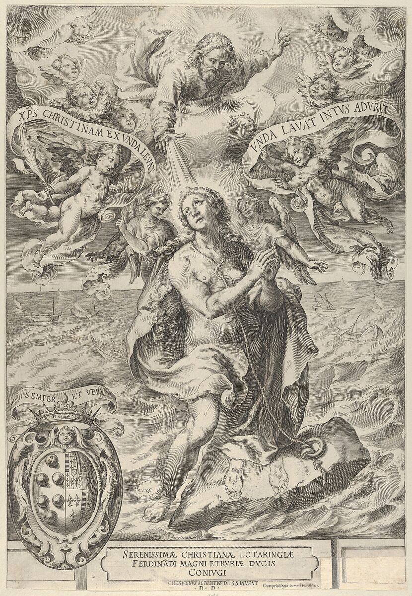 The Martyrdom of Saint Cristina di Bolsena with God the Father above, Cherubino Alberti (Zaccaria Mattia) (Italian, Borgo Sansepolcro 1553–1615 Rome), Engraving 