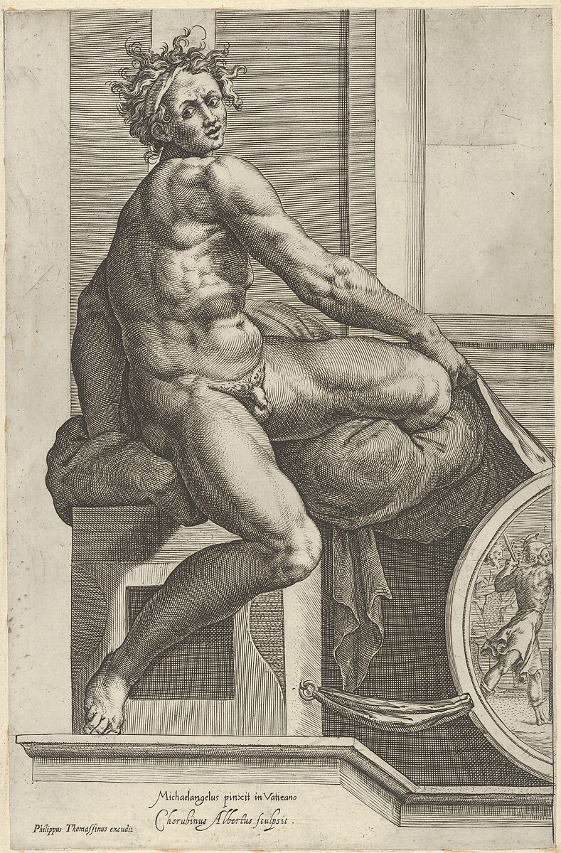 A naked man (Ignudo), twisting towards the right, holding drapery, after Michelangelo's  'The Last Judgment' fresco in the Sistine Chapel, Cherubino Alberti (Zaccaria Mattia) (Italian, Borgo Sansepolcro 1553–1615 Rome), Engraving 