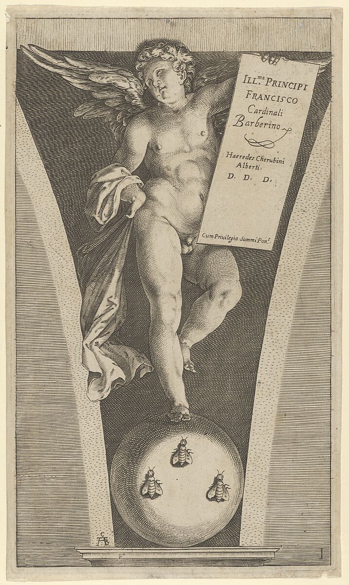 Winged genius holding a tableau, standing on a sphere with three bees, Cherubino Alberti (Zaccaria Mattia) (Italian, Borgo Sansepolcro 1553–1615 Rome), Engraving 