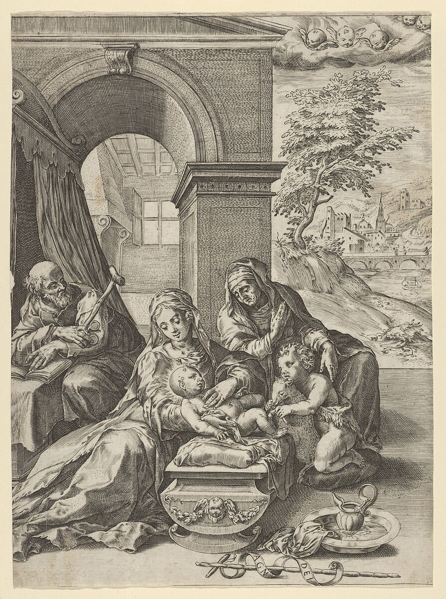 The Holy Family with Saint Anne and the young Saint John the Baptist, Attributed to Cherubino Alberti (Zaccaria Mattia) (Italian, Borgo Sansepolcro 1553–1615 Rome), Engraving 