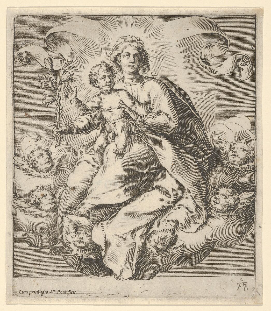 Madonna holding a lily branch with the Christ Child on her lap, seated on clouds, surrounded by cherub heads, Cherubino Alberti (Zaccaria Mattia) (Italian, Borgo Sansepolcro 1553–1615 Rome), Engraving 