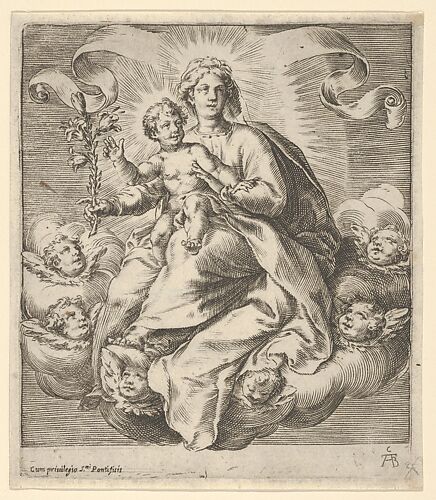 Madonna holding a lily branch with the Christ Child on her lap, seated on clouds, surrounded by cherub heads