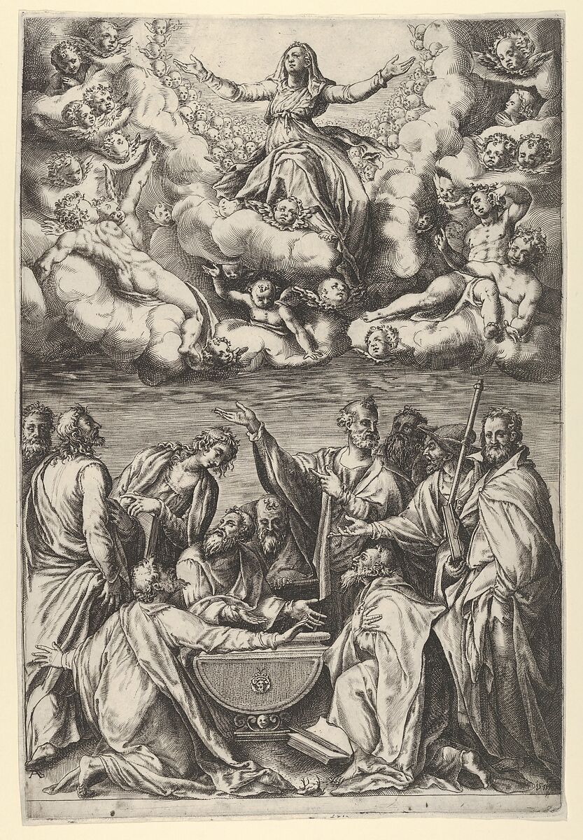 The Assumption of the Virgin with the Virgin surrounded by cherubs and with the Apostles Below, Cherubino Alberti (Zaccaria Mattia) (Italian, Borgo Sansepolcro 1553–1615 Rome), Engraving 