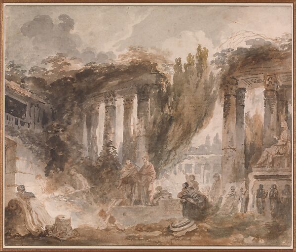 Capriccio: Excavation of Roman Ruins, Jean Honoré Fragonard (French, Grasse 1732–1806 Paris), Brush and brown and gray wash and watercolor over black chalk on antique laid paper 