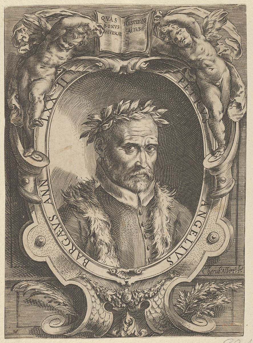 Portrait of Pietro Angela da Barga, bust-length and in a decorative border, Cherubino Alberti (Zaccaria Mattia) (Italian, Borgo Sansepolcro 1553–1615 Rome), Engraving 