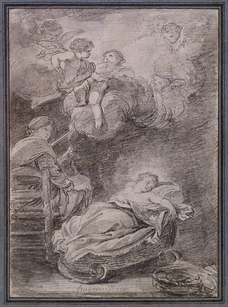 Saint Rita Surrounded by Bees, Jean Honoré Fragonard (French, Grasse 1732–1806 Paris), Black chalk 
