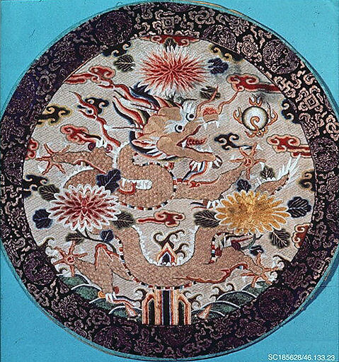 Festival badge with five-clawed dragon surrounded by chrysanthemums, Embroidered silk gauze, China 