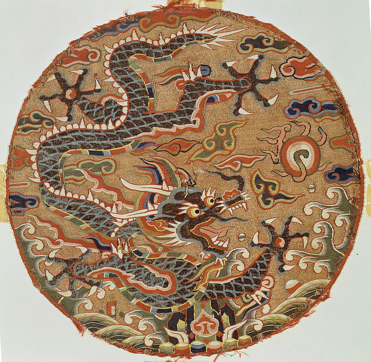Medallion with Five-Clawed Dragon (long), Silk, metallic thread, and peacock feather tapestry (kesi), China 