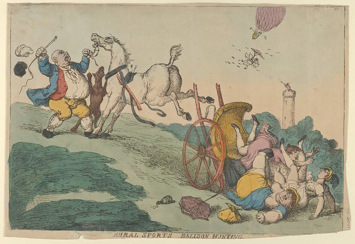 Rural Sports: Balloon Hunting, Thomas Rowlandson (British, London 1757–1827 London), Hand-colored etching 