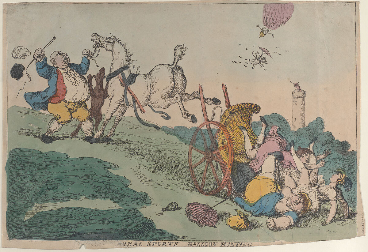 Rural Sports: Balloon Hunting, Thomas Rowlandson (British, London 1757–1827 London), Hand-colored etching