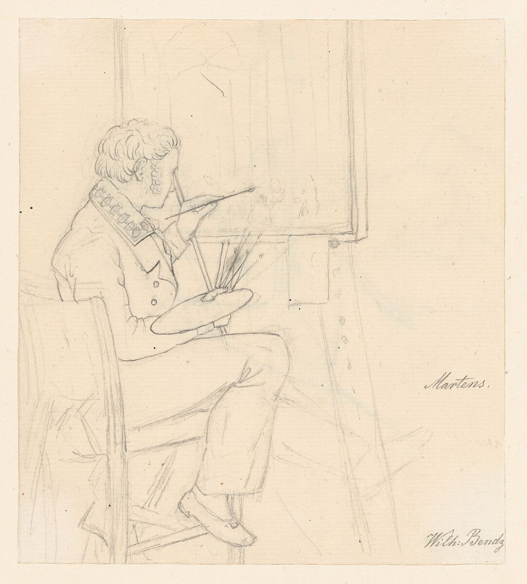 Portrait of the Painter Ditlev Martens at Work Behind and Easel; verso: An Artist Sketching, Wilhelm Bendz (Danish, Odense 1804–1832 Vicenza), Graphite 