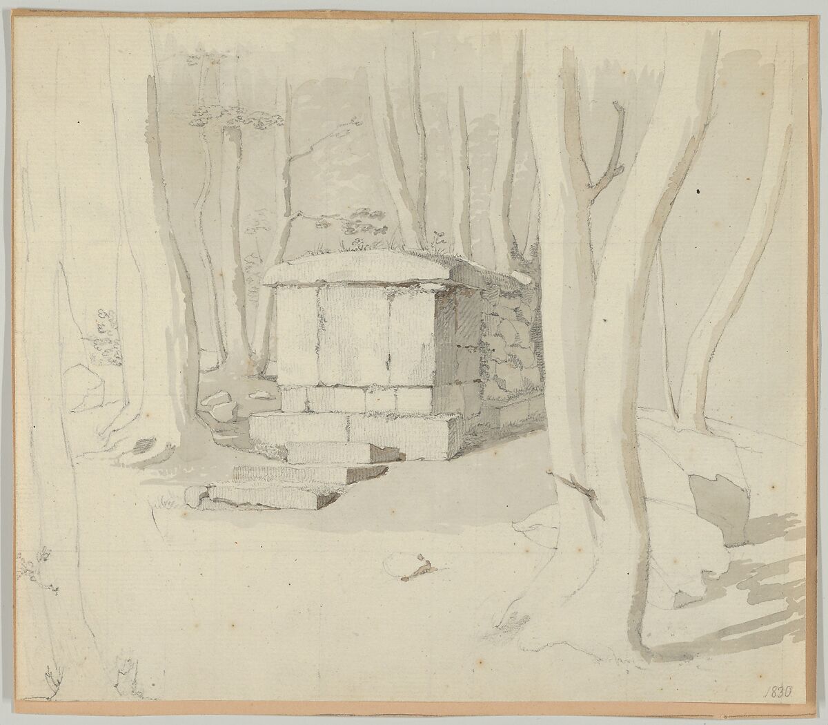 A Stone Tomb in a Forest; verso: Study of a Flower, Christen Købke (Danish, Copenhagen 1810–1848 Copenhagen), Graphite, pen or brush and brown ink, brush and gray ink, over graphite; verso: pen and black ink, watercolor, over graphite 