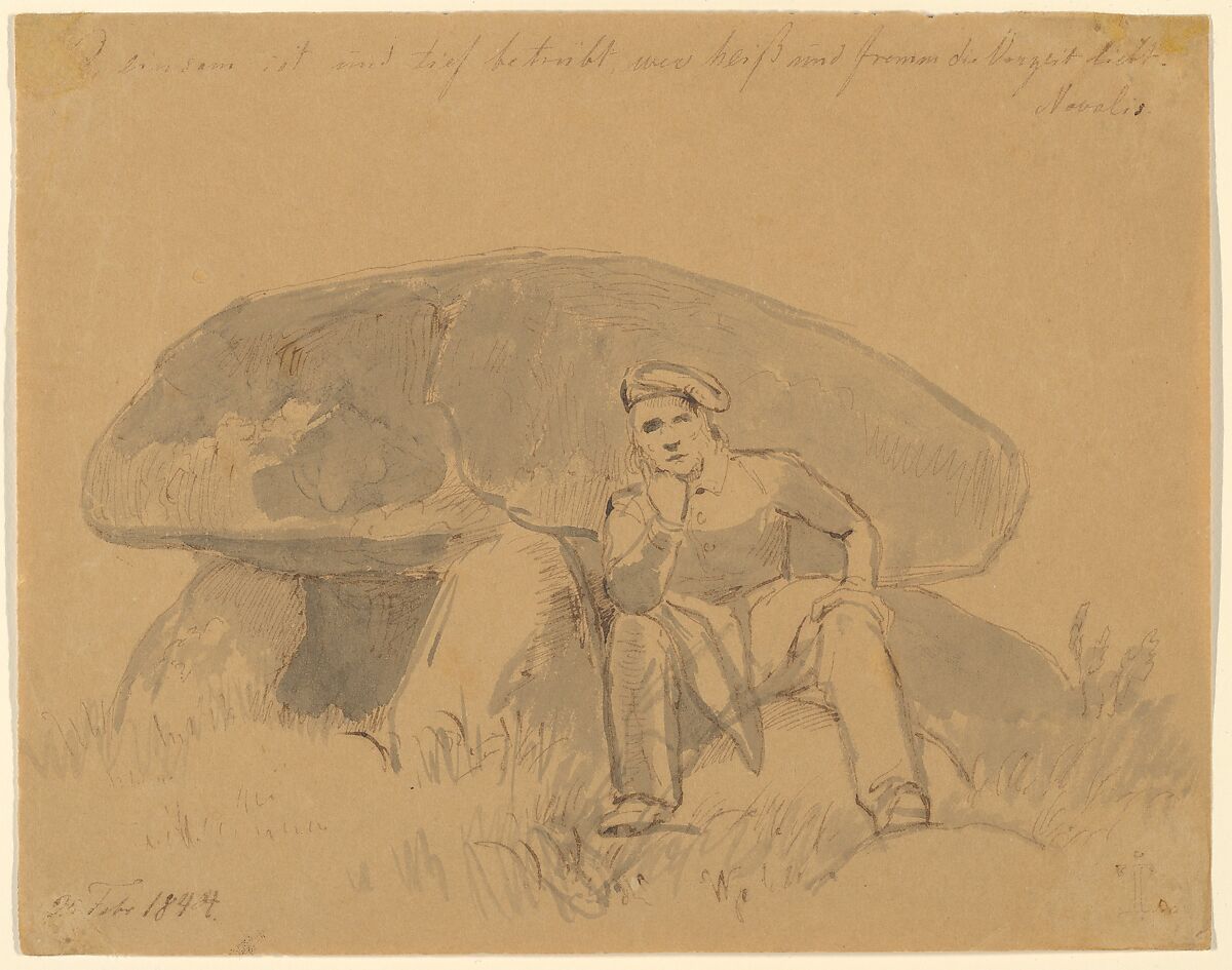 The Artist, Seated in Front of a Dolmen, Johan Thomas Lundbye (Danish, Kalundborg 1818–1848 Bedsted), Pen and brown ink, brush and gray ink 