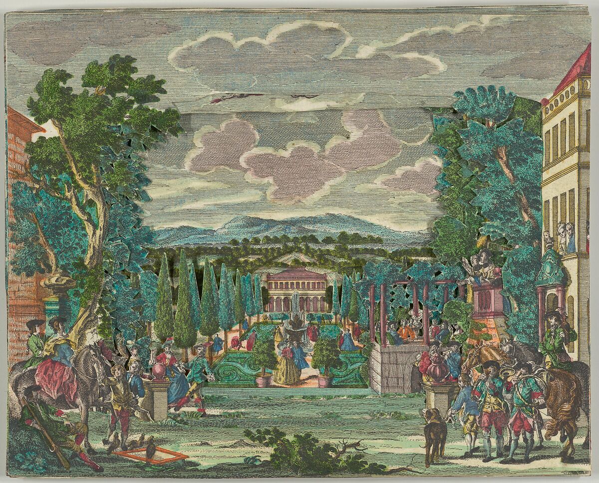 Paper Theater or Diorama of an Italianate Villa and Garden, Martin Engelbrecht (German, Augsburg 1684–1756 Augsburg), Etching and watercolor 
