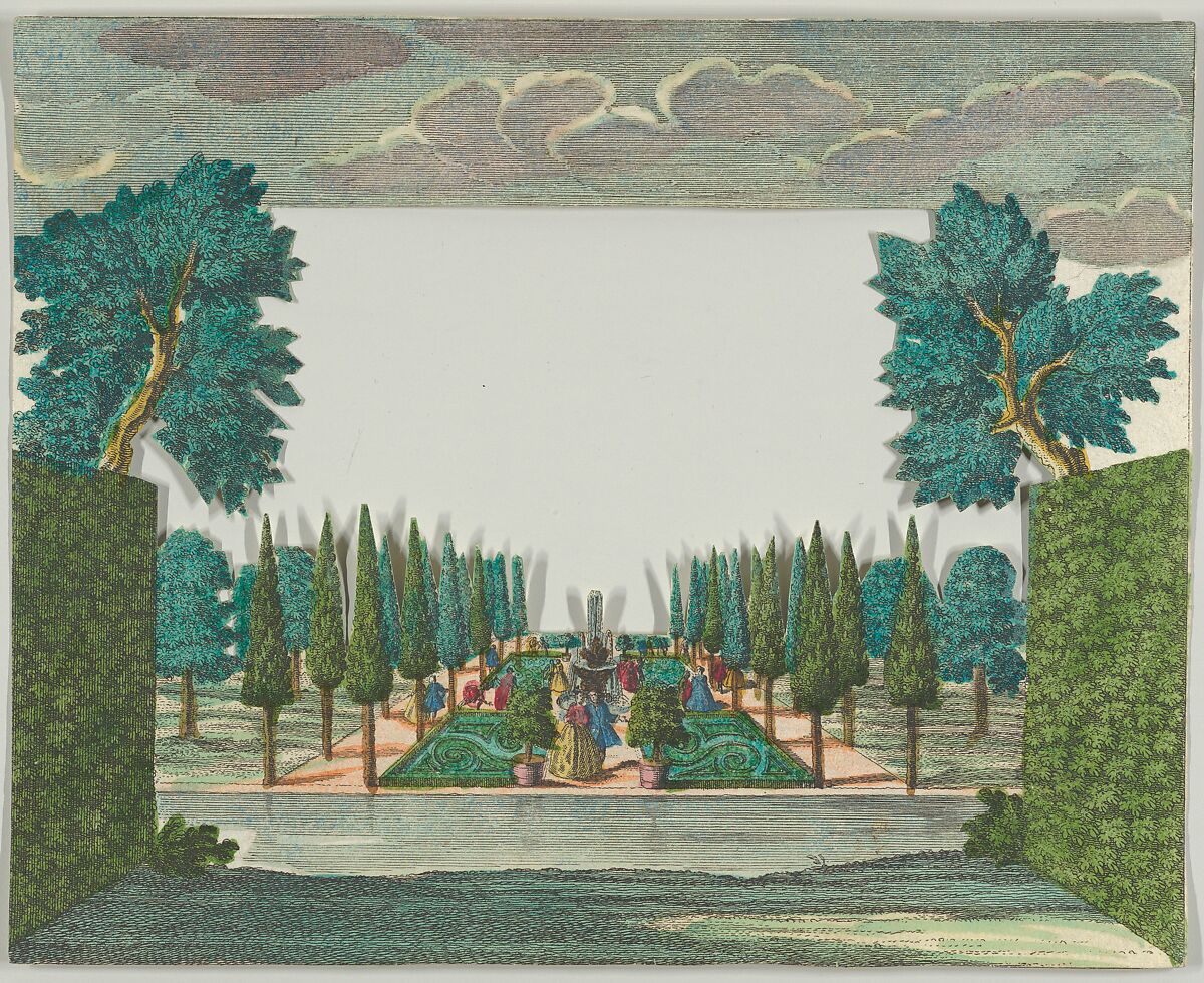 Paper Theater or Diorama of an Italianate Villa and Garden, Martin Engelbrecht (German, Augsburg 1684–1756 Augsburg), Etching and watercolor