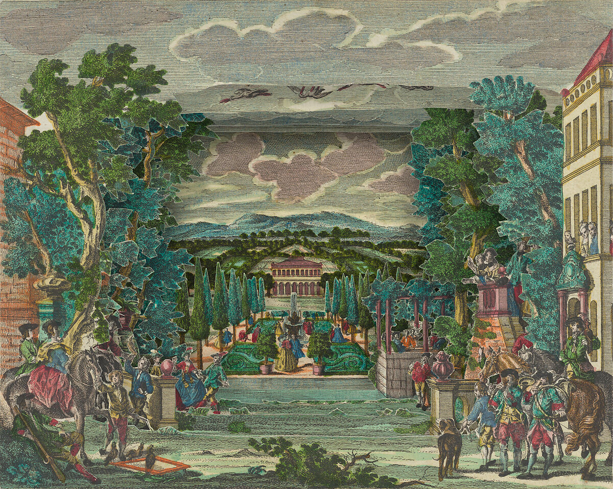 Paper Theater or Diorama of an Italianate Villa and Garden, Martin Engelbrecht (German, Augsburg 1684–1756 Augsburg), Etching and watercolor