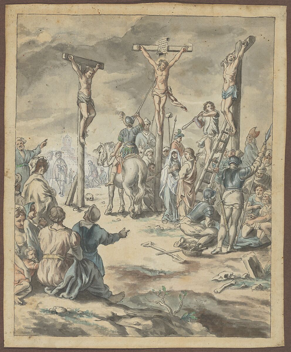 The Crucifixion of Christ, Pehr Hörberg (Swedish, Virestad 1746–1816 Falla), Pen and gray ink, watercolor, heightened with white gouache; framing lines in pen and gray ink, by the artist 