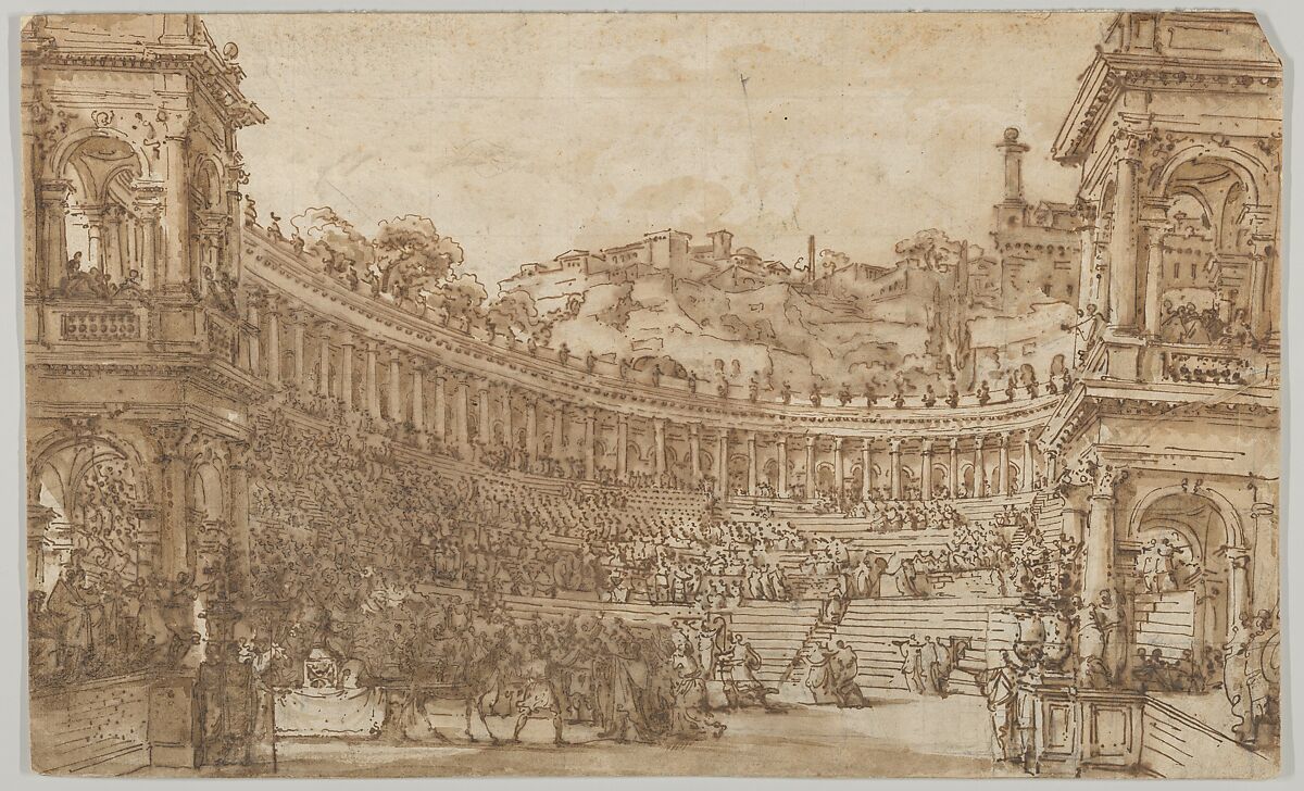 Theater Design, Possibly The Triumph of Hannibal, Louis Jean Desprez (French, Auxerre 1743–1804 Stockholm), Pen and ink, brush and brown wash, squared in black chalk 