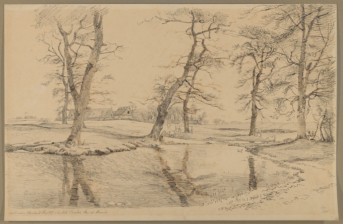A Brook near a Farm in Usserød with Cows and Two Figures, Johan Thomas Lundbye (Danish, Kalundborg 1818–1848 Bedsted), Pen and black and brown ink 