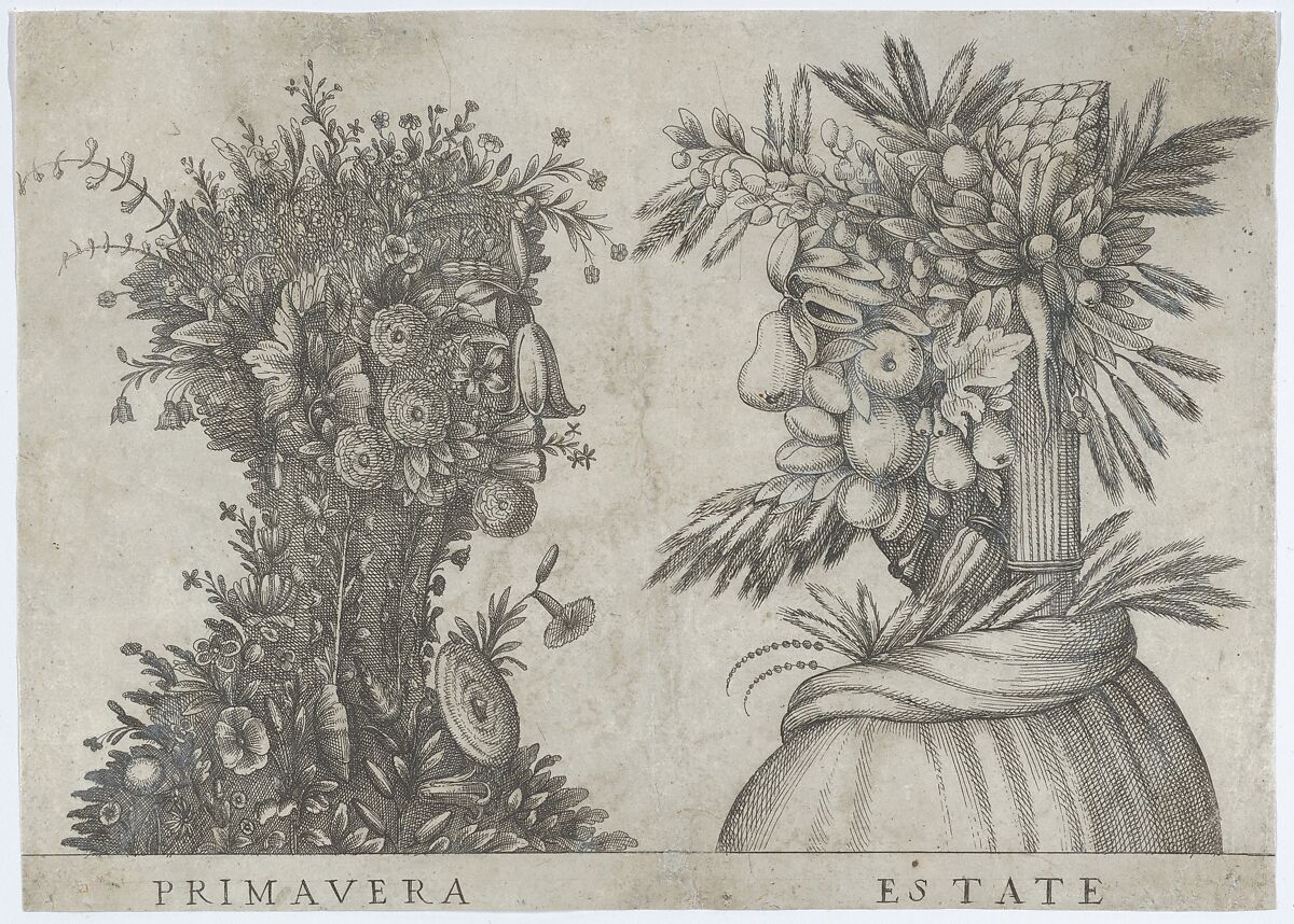 Spring and Summer: two heads made from flora typical of those seasons, Anonymous, Italian, 16th to early 17th century, Etching 