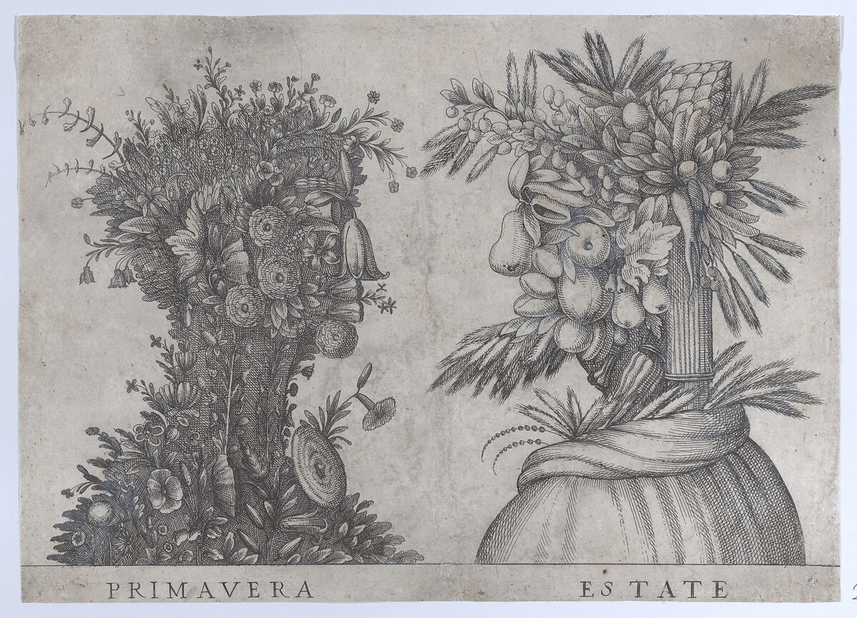 Spring and Summer: two heads made from flora typical of those seasons, Anonymous, Italian, 16th to early 17th century, Etching