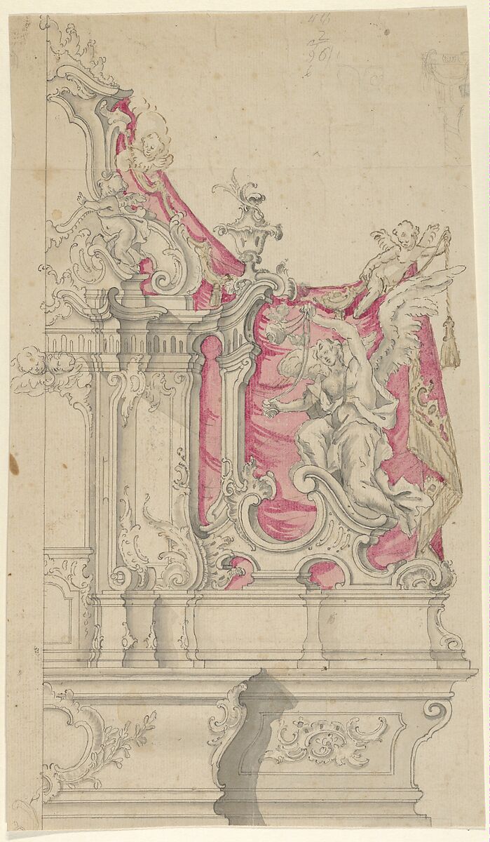 Right Half of a Design for an Altar in Rococo Style, Anonymous, German, South Germany, 18th century, Pen and brown ink, brush and gray and red wash 