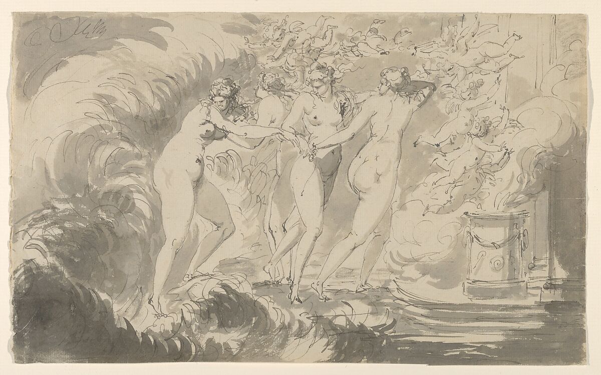 Four Nude Women Surrounded by Putti, Approaching an Altar, Carl August Ehrensvärd (Swedish, 1745–1800), Pen and gray ink, gray wash 