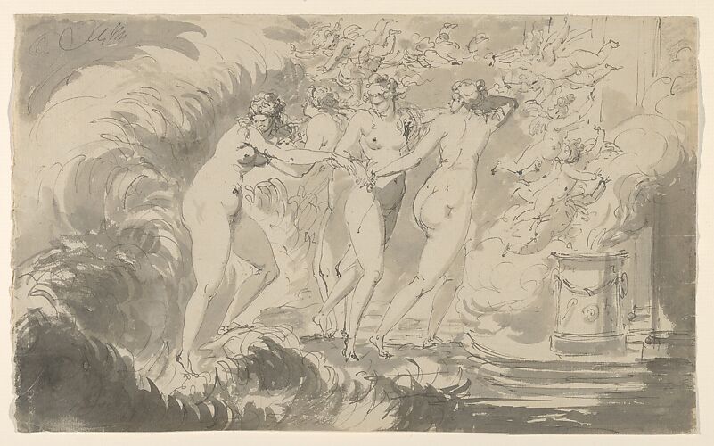 Four Nude Women Surrounded by Putti, Approaching an Altar