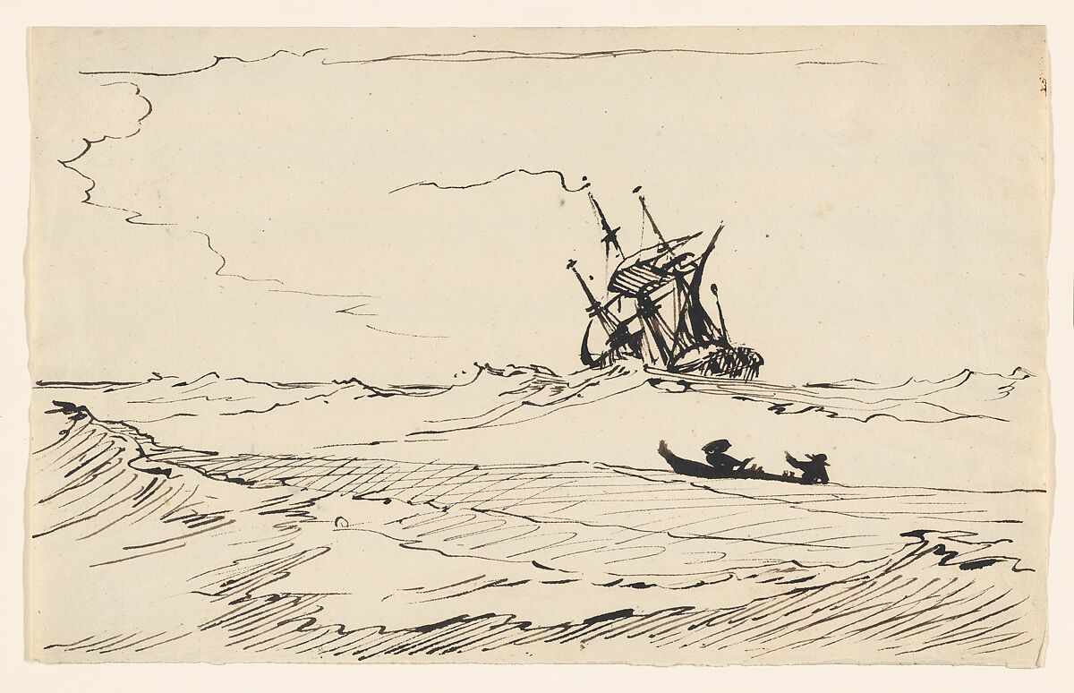 A Storm at Sea with a Large Ship and a Small Boat with Two Figures, Carl August Ehrensvärd (Swedish, 1745–1800), Pen and black ink 