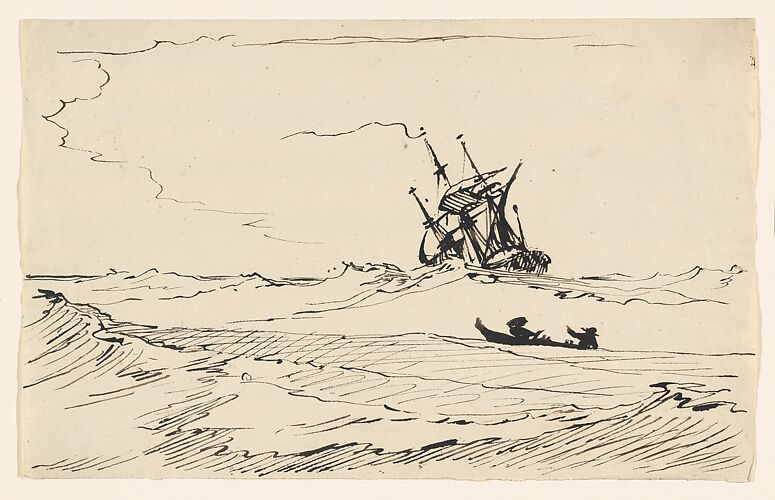 A Storm at Sea with a Large Ship and a Small Boat with Two Figures